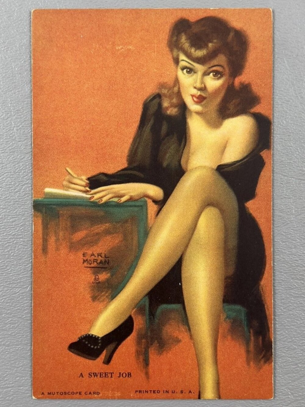 Vintage Mutoscope Card Pin Up Brunette A Sweet Job Sexy Legs Earl Moran  Retro G